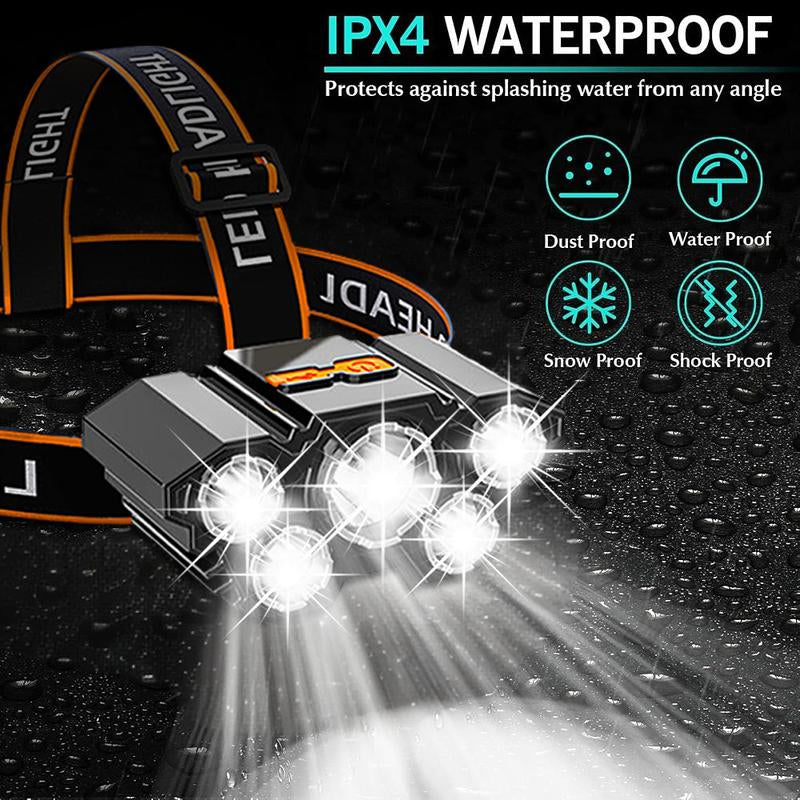2 Pack Rechargable Headlamp with 3 Modes, 5 Led Waterproof Head Lamp for Forehead, Hard Hat Light, Adjustable Head Flashlight for Adults, Work Lighting Headlamp, Bright Coast Headlamp for Outdoor Camping, Hiking, Running - Durable Gift for Men