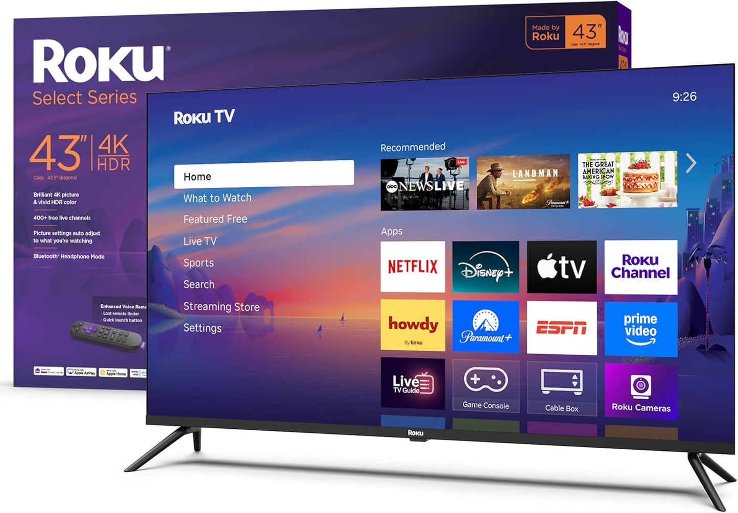 Roku Smart TV 2025 – 43-Inch Select Series, 4K HDR TV – tv with Enhanced Voice Remote – Flat Screen LED Television with Wi-Fi for Streaming Live Local News, Sports, Family Entertainment