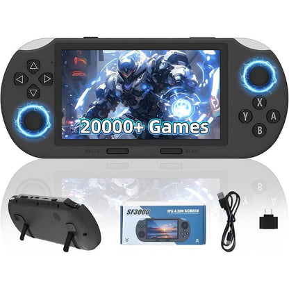 SF3000 Retro Gaming Console 64G, Handheld Video Games Console Preloaded 20000+ Retro Games 14+ Emulators, 4.5 Inch IPS HD Screen, 854*480 Resolution, 3000Mah Battery, 3D Dual Joystick (Grey)