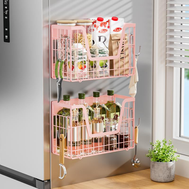 【Holiday Deals】San Dream Magnetic Shelf for Fridge Spice Rack Organizer Magnetic Fruit Basket for Refrigerator Laundry Organizer Spice Snacks Magnet Fridge Shelf-1Pc&2Pcs