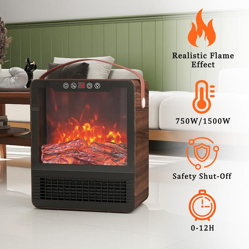 【HAPPY New Year 】TMWINGS Mini Electric Fireplace Space Heater 1500W with Realistic 3D Flame Remote Control Adjustable Thermostat 12H Timer 2 Heat Settings Fan-Only Mode Tip-Over & Overheat Protection Portable Indoor Heater for Bedroom Living Room Office