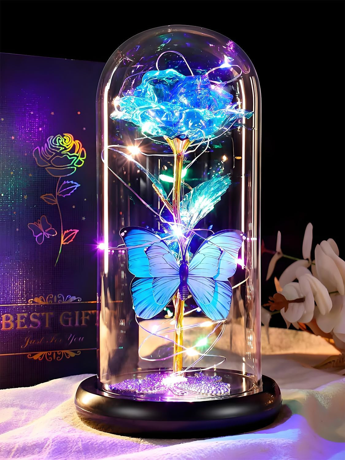 Valentines Day Birthday Gifts for Her Women Blue Rose Eternal Flower Light up Rose in Glass Dome with Butterfly, Valentine'S Flowers Gifts for Her Wife Mom Girlfriend Delivery Prime Anniversary
