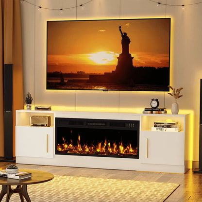 70Inch Cable Management Television Stand with Electric Fireplace, Wood White