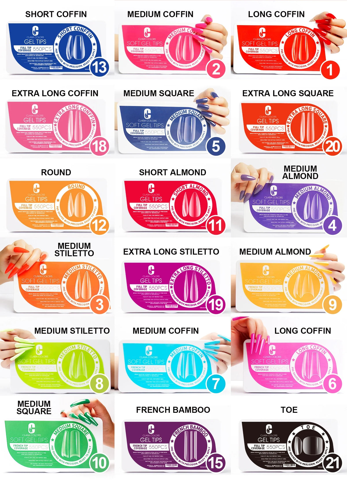 Clara Color - Full Cover Gel Tips - #03 Medium Stiletto 550pcs