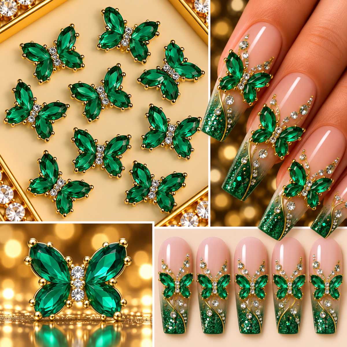 Queen - Nail Charms 10pc - #118 Gold Dark Green Butterflies