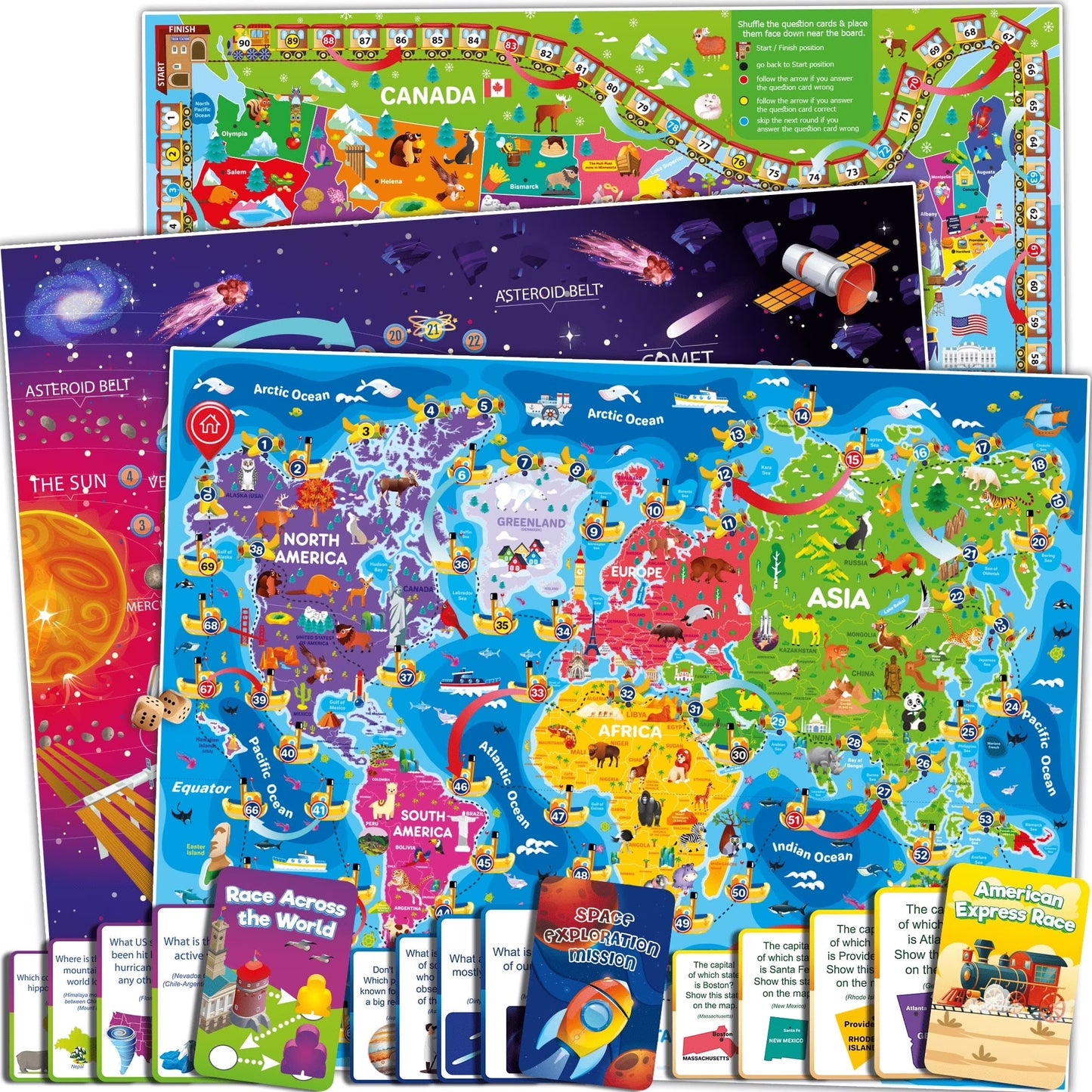 Learning Board Games for Kids 6-8 - Educational Trivia Cards Ages 8-12 - 3X Set World USA Map & Space