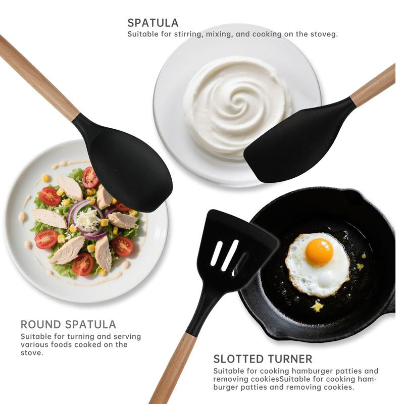 Silicone Cooking Utensils Set 10 Pcs - BPA Free Kitchen Utensil Set with Heat-Resistant Wood Handles, Non-Scratch Spatula Set Safe for Nonstick Cookware (Black)