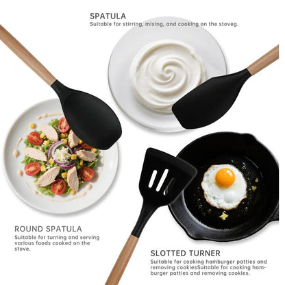 Silicone Cooking Utensils Set 10 Pcs - BPA Free Kitchen Utensil Set with Heat-Resistant Wood Handles, Non-Scratch Spatula Set Safe for Nonstick Cookware (Black)