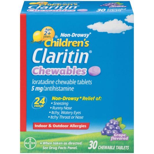 Children's Claritin 24-Hour Non-Drowsy Allergy Relief, 5mg Loratadine, Grape Flavor, 30 Chewable Tablets