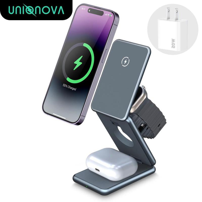 UNIQNOVA 3In1 Wireless Fast Charging Station for Iphone 17/16/15/14/13/12 Series, Airpods 3/2/Pro, Iwatch - Mag-Safe Metallic Foldable Charger Stand