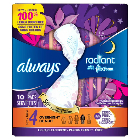 Always Radiant Size 4 Overnight FlexFoam Pads with Wings 10 Count