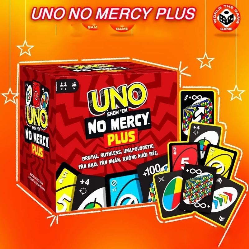 UNO Show ‘Em No Mercy plus Card Game in Storage & Travel Tin for Kids, Adults & Family Night with Extra Cards, Special Rules & Tougher Penalties