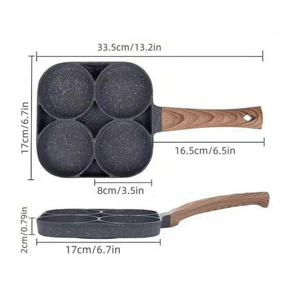 Non-Stick 4-Hole Star Egg Pan Cookware, Granite-Style Pancake Skillet with Wooden Handle, Small Frying Pan for Eggs, Omelets, Toast, Pancakes, Crepes, Sandwiches, Breakfast, Easy Clean, Kitchen Gadget, Multifunctional, Birthday Gift