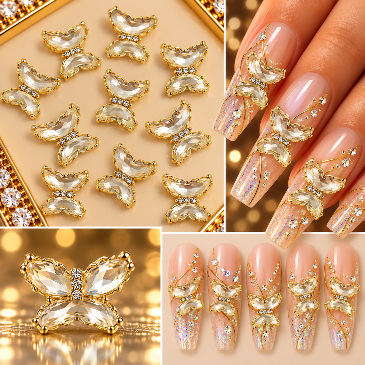 Queen - Nail Charms 10pc - #318 Gold Crystal Clear Butterflies