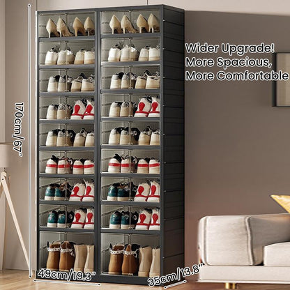 NLDD Extra-Wide & Tall 9-Tier Shoe Cabinet Holds 18 Pairs Clear Doors Wheels for Effortless Storage Stackable Reinforced Frame Ventilation Holes