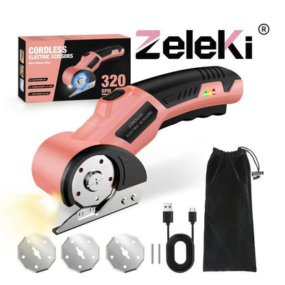 Zeleki Cordless Electric Scissors 4V – Rechargeable Heavy Duty Cutter with Safety Lock, LED Light, Long Battery Life & 2 Extra Blades | Easy-To-Use Wireless Shears for Cardboard,  Packaging Yellow with Storage Bag
