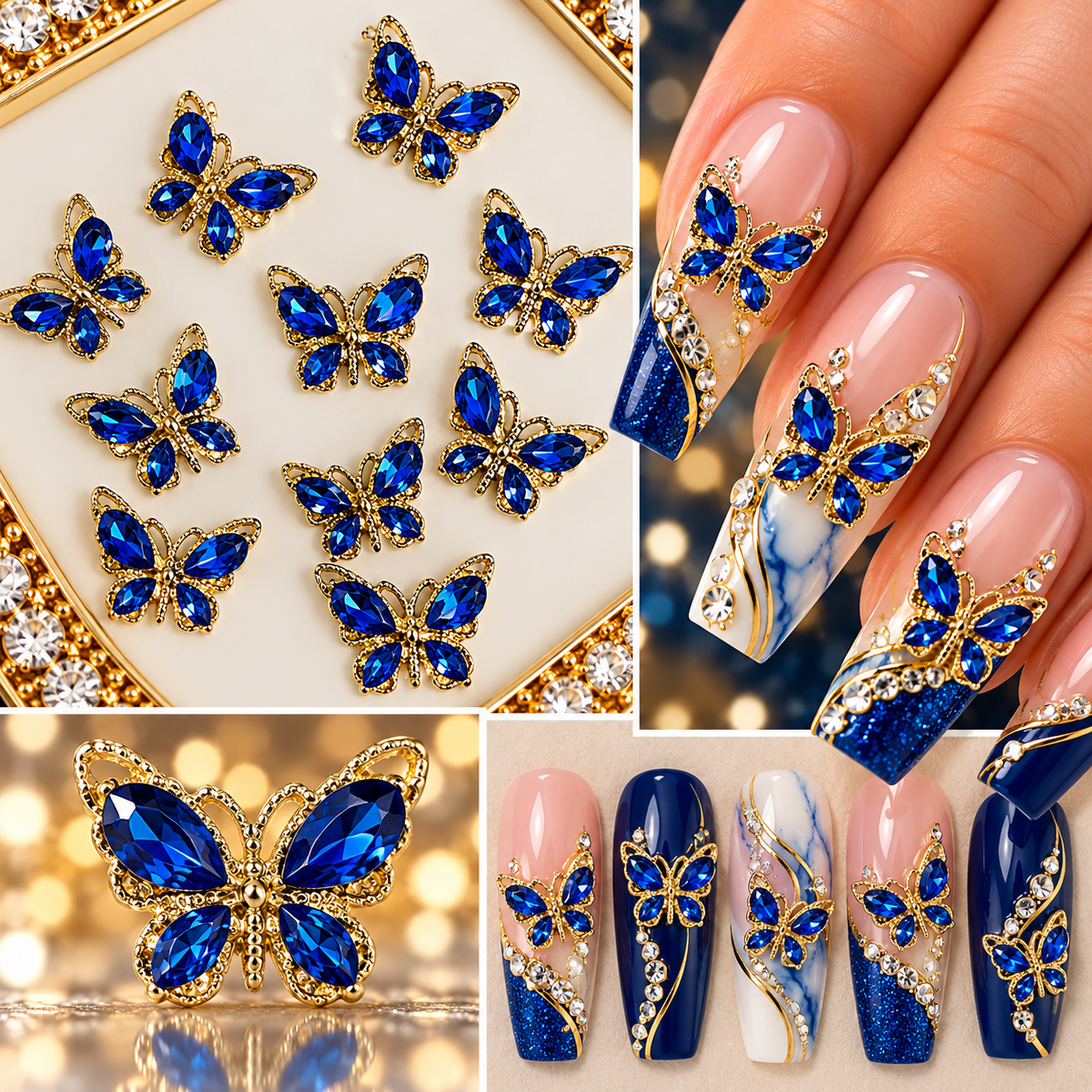 Queen - Nail Charms 10pc - #019 Gold Sapphire Small Crystal Butterflies