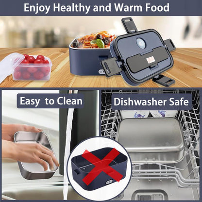 Electric Lunch Box 80W 1.5L Stainless Steel Bento Warmer with Indicator Light & Portable Tableware Set for Home Office Travel Food Quick Storage Fork 80W/1.5L/Black