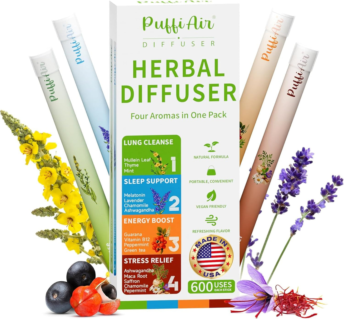 Herbal Diffuser Pen, Detox Diffuser with Mullein, Thyme & Mint for Better Breathing, All Natural Swap - up to 600 Uses (Varies by Usage), 2 Diffusers, 1 Pack