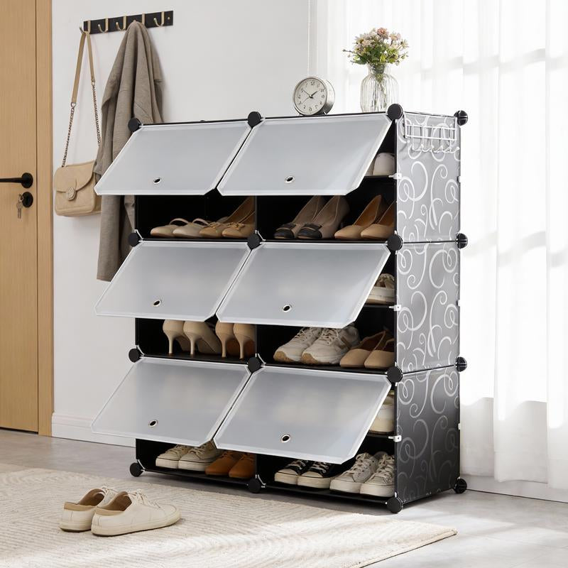 【NEW YEAR Deal】6/8-Tier Shoe Cabinet, 24/32-Tier Capacity, with Side Hooks, Sturdy Metal Frame, and Black and White Plastic Panel Shelves. Suitable for Entryways, Living Rooms, and Walk-In Closets