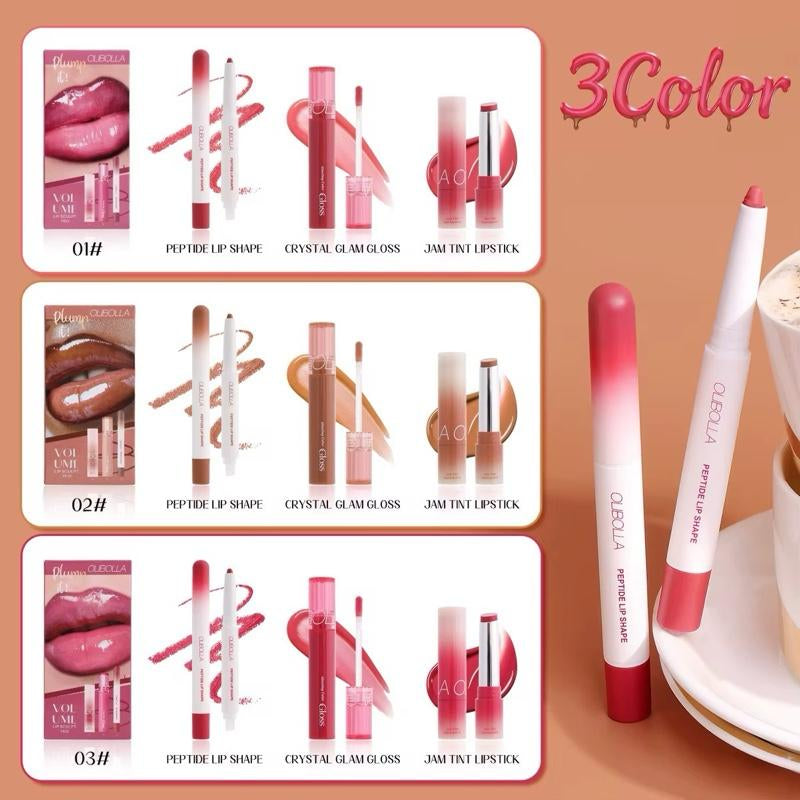 OLIBOLLA Volume Lip Sculpt Trio Set Lip Liner Lipstick Lip Glaze 3-In-1 Easy Color Gift Box for Flawless Glossy Lips