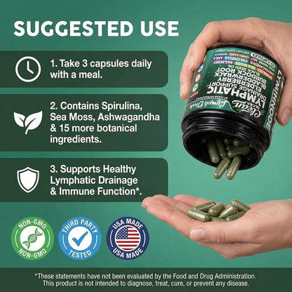 Organic Lymphatic Drainage Supplements | Elderberry Bladderwrack Burdock Root Black Seed Oil Spirulina Sea Moss Ashwagandha Chlorella Amla Beet Moringa Chlorophyll Lymph System Capsules by Clean Nutra