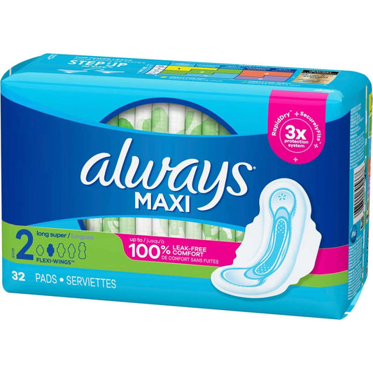 Always Maxi Pads with Wings, Size 2 Super Long, Unscented, 32 Count