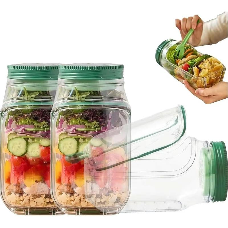 Portable Salad Storage Jar Container with Leakproof Dressing Compartment,Environmentally Friendly Plastic Materials,Microwave/ Dishwasher/Freezer Safe,Suitable for Home, Outdoor, Travel and Party, Work,Fitnessportable,Keeps Food Fresh Ransparent Bowl