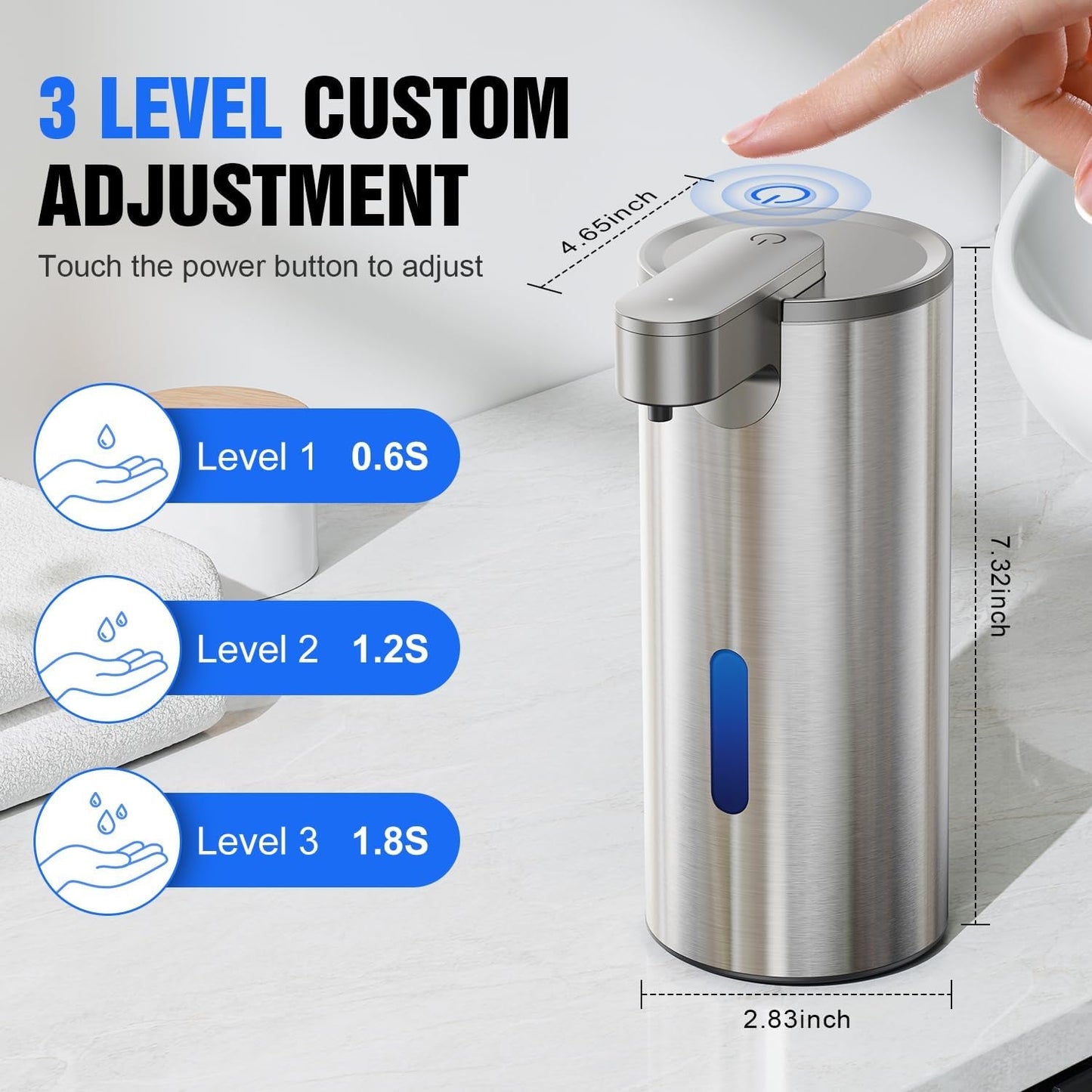 Automatic Soap Dispenser Touchless, Stainless Steel 11.5 Oz 3 Levels Adjustable Hand Soap Dispenser with Rechargeable Sensor Pump for Kitchen & Bathroom Liquid Soap