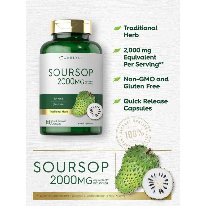 Carlyle Soursop Leaves | 2000Mg | 160 Capsules | Traditional Herb | Non GMO, Gluten Free Supplement