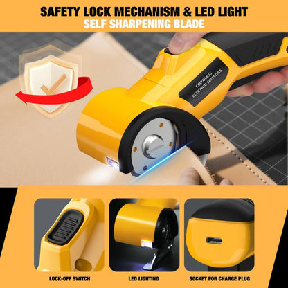 Zeleki Cordless Electric Scissors 4V – Rechargeable Heavy Duty Cutter with Safety Lock, LED Light, Long Battery Life & 2 Extra Blades | Easy-To-Use Wireless Shears for Cardboard,  Packaging Yellow with Storage Bag