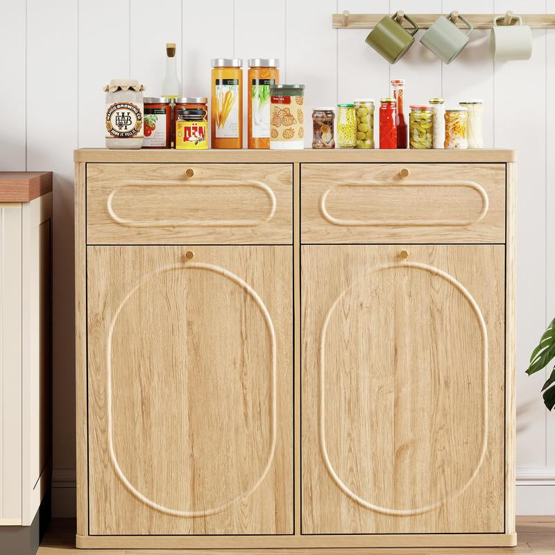 Giratree Tilt Out Trash Can Cabinet, Wood Kitchen Garbage Bin with Drawer, Fluted 10 Gallon Laundry Hamper Cabinet, Farmhouse Hidden Trash Can for Kitchen, Living Room