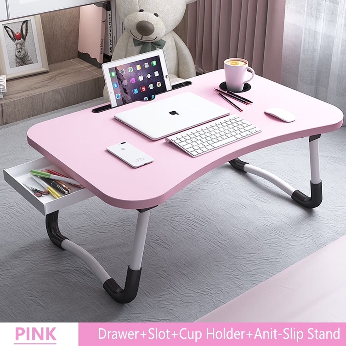 PHANCIR Escritorio Plegable Para Regazo, Mesa Portátil De Madera Para Laptop De 23.6 Pulgadas, Organizador De Oficina Para Espacio De Trabajo, Bandeja Para Cama Y Sofá Con Ranuras/Portavasos/Cajón, Antideslizante Para Leer Escribir Comer Ver, Nogal