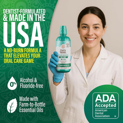 Gurunanda Fresh Breath Mouthwash, Ada-Accepted, Alcohol & Fluoride-Free, Sodium Chlorite, Essential Oils & Vitamins, 12-Hrs Fresh Breath, Wild Mint, 33.8 Oz