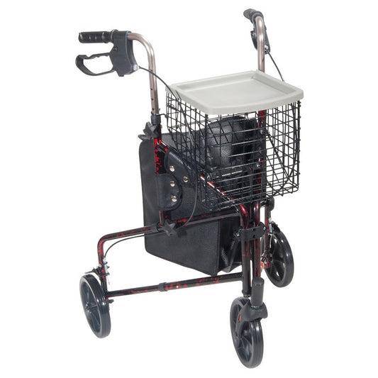 Drive Medical 3 Wheel Walker Rollator With Basket Tray And Pouch, Flame Red