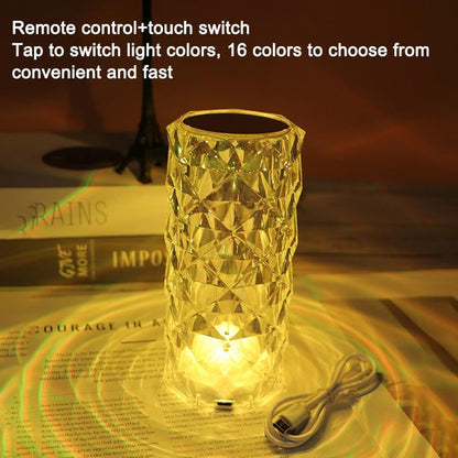 16-Color RGB Crystal Table Lamp with Remote - Touch Sensor Rose Diamond Design & USB Charging Ambient Light