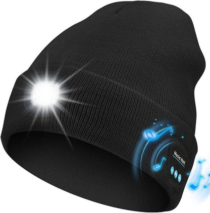 Bluetooth Beanie with Light, Unisex USB Rechargeable 4 LED Fashlight Hat with Cordless Headphones, Unique Christmas Birthday Gifts for Men Husband Teen Warm Beany Knit Balaclava Outdoor Activities Skull Cap Cycling Spider Web Sport Lightweight Sweat