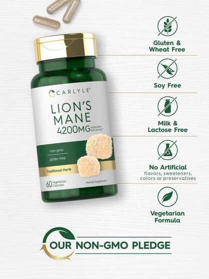 Lions Mane Supplement Capsules | 4200Mg | 60 Count | Vegetarian, Non-Gmo & Gluten Free | by Carlyle