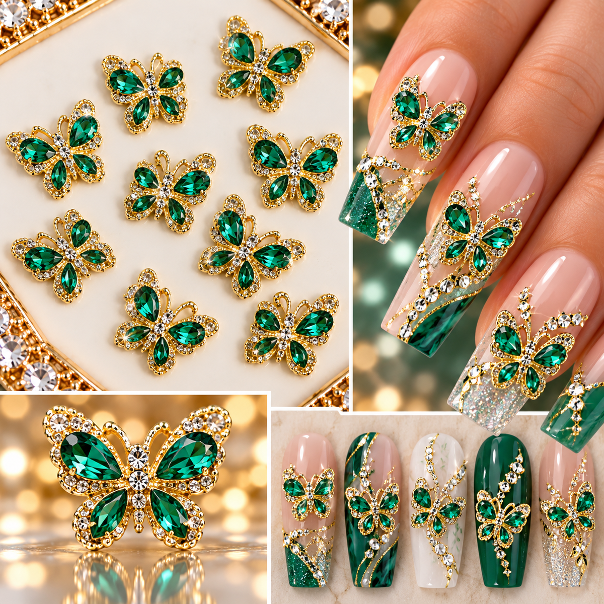 Queen - Nail Charms 10pc - #025 Gold Green Crystal Butterflies