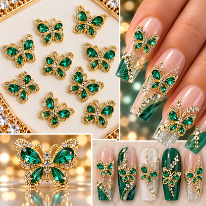 Queen - Nail Charms 10pc - #025 Gold Green Crystal Butterflies