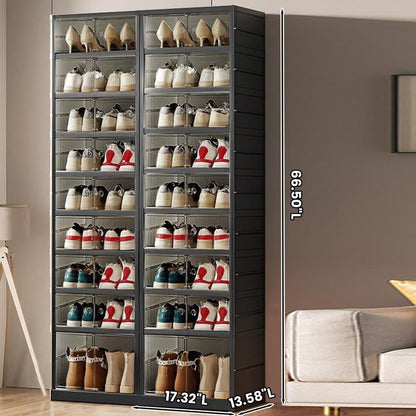NLDD Extra-Wide & Tall 9-Tier Shoe Cabinet Holds 18 Pairs Clear Doors Wheels for Effortless Storage Stackable Reinforced Frame Ventilation Holes