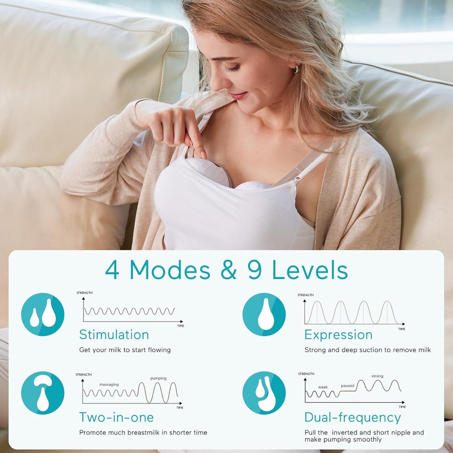 Paruu P10 Hands-Free Breast Pump Wearable, 338Mmhg Strong Suction, Low Noise, 4 Modes & 9 Levels, Electric Breast Pump Portable, Smart Display, 19/21/24/28Mm Insert/Flange, 2 Pack (White)