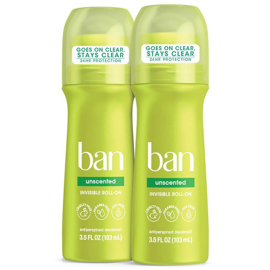 Ban Roll-On Antiperspirant Deodorant, Unscented, 3.5 oz (Twin Pack)