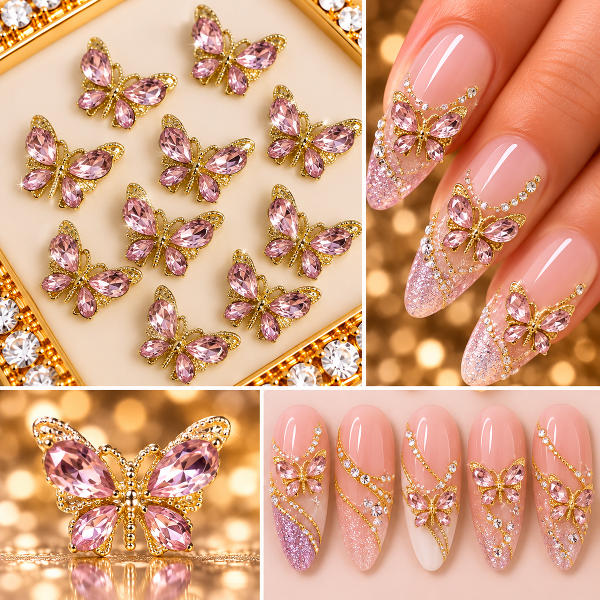Queen - Nail Charms 10pc - #028 Gold Pink Crystal Butterflies