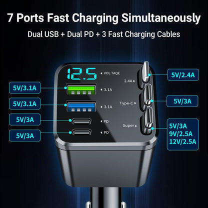 8-In-1 Car Fast Charger with 3 Retractable Cables 180° Adjustment LED Display Universal Plug for Iphone & Type-C Devices