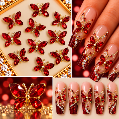 Queen - Nail Charms 10pc - #314 Gold Red Crystal Winged Butterflies