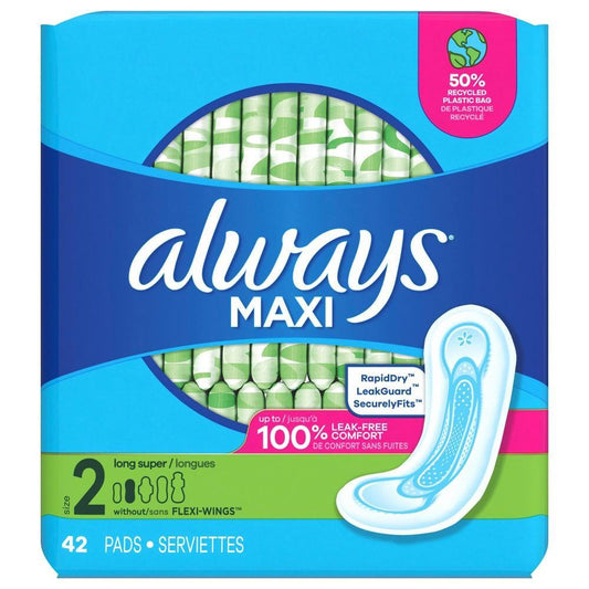 Always Maxi Pads with Wings, Size 2 Long, Unscented, 42 Count