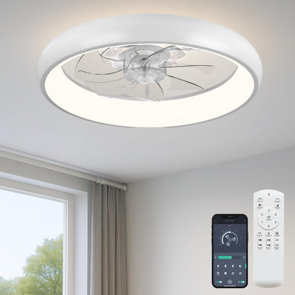 20‘’ Ceiling Fan with Light, Upgraded Low Profile Fan, Flush Mount Ceiling Fan, 6 Speeds, Dimmable LED, App & Remote Control, Quiet DC Motor, for Bedroom, Living Room, F115 White
