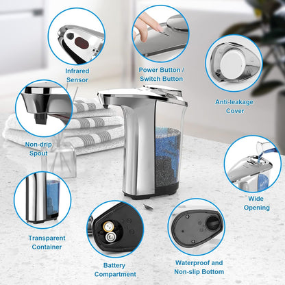 PZOTRUF Automatic Soap Dispenser, Touchless Dish Soap Dispenser 17Oz/500Ml with Infrared Sensor, 5 Adjustable Soap Dispensing Levels, Liquid Hand Dispenser for Bathroom Kitchen Sink (Silver)