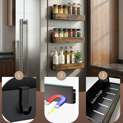 Magnetic Refrigerator Organizer Shelf｜No Drill Fridge Side Spice Rack｜Carbon Steel Magnetic Storage with Wood-Grain Look｜Strong Hold Space Saving Kitchen Organizer for Small Kitchens